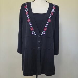 NWT Cj Banks 1X Pullover Embroidered Sweater Faux 2 Pc Button Front Detail Blue